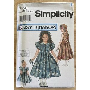 Simplicity Pattern 7550 Daisy Kingdom Childs Dress, Hat Sz 8-14 + 17" Doll Dress